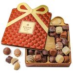 Chocolate Gift Basket, Candy Food Gifts Arrangement Platter, Gourmet Snack Gift Bow Tin Box, Present Idea, Stocking Stuffer, Corporate Him & Her, Men Women Family Parties- Gourmet Belgian Truffles- Brown- Bonnie & Pop