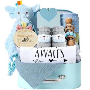 Baby Gift Set Baby Shower Gifts Basket for Newborns New Born Baby Boy Gift Set Blue Baby Gift Basket with Baby Rattle Muslin Towel Security Blanket Gender Reveal Gifts for Baby Girls Boys