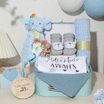 Baby Gift Set Baby Shower Gifts Basket for Newborns New Born Baby Boy Gift Set Blue Baby Gift Basket with Baby Rattle Muslin Towel Security Blanket Gender Reveal Gifts for Baby Girls Boys