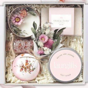LaurGifts Orchid & Jasmine Spa Gift Baskets for Women – Luxury Birthday Bath Gifts for Mom, Wife, Sister, Friend - Self-Care and Relaxation Mother’s Day Gifts - Gift Baskets for Her for All Occasions