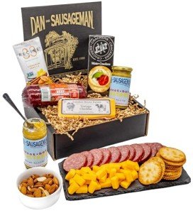 Sausage and Cheese Tasting Sampler by Dan the Sausageman. Featuring Smoked Beef Summer Sausage, and Specialty Sweet Hot Mustard.