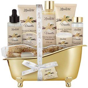 Mother's Day Spa Gift Basket for Women, Vanilla Bath & Body Set, Christmas & Birthday Gift, Includes Shower Gel, Body Lotion, Hand Cream, Body Scrub, Message Oil, Candle, Eye Mask, Confetti