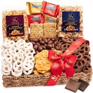 KREMERY Creamy Chocolate Cravings - Mothers Day, Chocolate Covered Pretzels & Caramel Popcorn Gift Basket, in Seagrass Tray + Ribbon (Premium, 2.5 lbs) Birthday Care Package - Kosher Dairy, USA Made