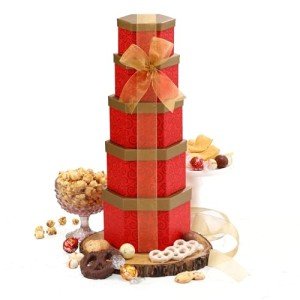 Broadway Basketeers Mothers Day Chocolate and Sweets Ruby Red Gift Basket Holiday Tower, Anniversary, Birthday, Thinking of You for Women, Mom, Step-Mother, Wife, Girlfriend, Her or Him