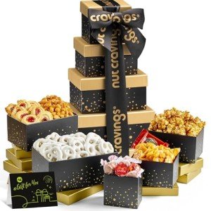 NUT CRAVINGS Mothers Day Gourmet Mom Treats - Chocolate Covered Pretzels & Caramel Popcorn Gift Basket, in Black Tower + Ribbon (8 Assortments) Food Arrangement, Healthy Snack Care Package, Kosher