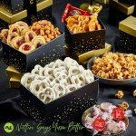 NUT CRAVINGS Mothers Day Gourmet Mom Treats - Chocolate Covered Pretzels & Caramel Popcorn Gift Basket, in Black Tower + Ribbon (8 Assortments) Food Arrangement, Healthy Snack Care Package, Kosher