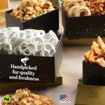 NUT CRAVINGS Mothers Day Gourmet Mom Treats - Chocolate Covered Pretzels & Caramel Popcorn Gift Basket, in Black Tower + Ribbon (8 Assortments) Food Arrangement, Healthy Snack Care Package, Kosher