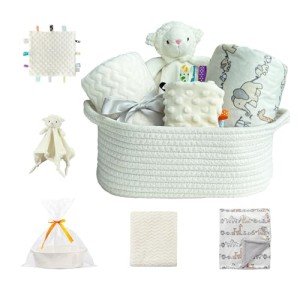 CREVENT Baby Welcome Gift Set Storage Basket with Two Blankets+ A Security Blanket + A Taggie + A Gift Bag with Ribbon (Ivory)
