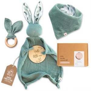 Mikito Organic Cotton Newborn Gift Box, Unisex Baby Gifts Including Muslin Lovey Comforter, Bandana Bib, Wooden Teether & Birth Announcement Sign