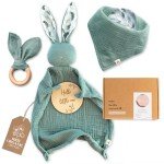 Mikito Organic Cotton Newborn Gift Box, Unisex Baby Gifts Including Muslin Lovey Comforter, Bandana Bib, Wooden Teether & Birth Announcement Sign