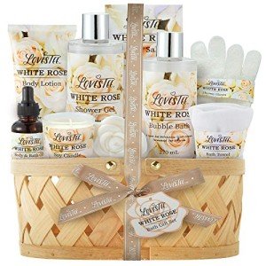 Mothers Day Gifts Bath & Body Spa Gift Basket for Women, Best Gift for Mother's Day & Birthday, White Rose Set Body Lotion, Shower Gel, Bubble Bath, Bath Salt, Towel, Soap, Oil, Candle, Gloves,
