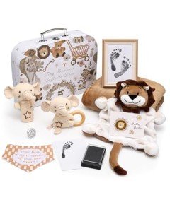 Lictin Baby Gift Set for Boys Girls, Baby Shower Gifts, Neutral Newborn Gifts Basket with Baby Blanket, Wooden Monthly Milestone Cards, Elephant Security Blanket, Rattle Socks and Wrist (Brown)