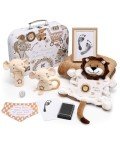 Lictin Baby Gift Set for Boys Girls, Baby Shower Gifts, Neutral Newborn Gifts Basket with Baby Blanket, Wooden Monthly Milestone Cards, Elephant Security Blanket, Rattle Socks and Wrist (Brown)