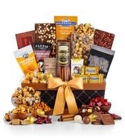 Golden Gourmet Classic Gift Basket: Ghirardelli Caramel Squares, Lindor Truffles, Rasperry Dark Chocolate Bar, Dolcetto Wafers, Chocolate Drizzled Caramel Popcorn & More!