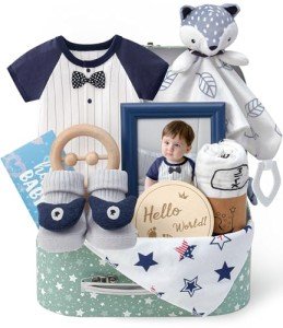 Golray Baby Boy Gifts for Baby Shower, 10pcs Newborn Essential with Fox Lovey/Blanket/Onesie/Wooden Rattle/Socks/Bib/Suitcase, Welcome Baby Gift Box Gender Reveal Infant Boy Gift Basket Set 0-6 Month