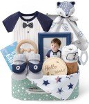 Golray Baby Boy Gifts for Baby Shower, 10pcs Newborn Essential with Fox Lovey/Blanket/Onesie/Wooden Rattle/Socks/Bib/Suitcase, Welcome Baby Gift Box Gender Reveal Infant Boy Gift Basket Set 0-6 Month
