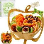 NUT CRAVINGS Fathers Day Gourmet Dad Treats - Dried Fruit Flower Arrangement in Wooden Apple-Shaped Gift Basket + Tray (9 Assortment) Healthy Snack Care Package, Kosher
