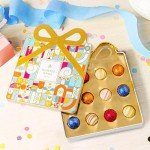 Birthday Chocolate Gift Basket, Candy Food Gifts Arrangement Platter, Gourmet Snack Gift Bow Tin Box, Bday Present Idea, Him & Her, Men Women Family Parties- 12 Gourmet Truffles- Bonnie & Pop