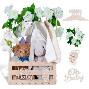 Wooden Baby Shower Crate Closet with Handle,Storage Basket,Baby Clothes Hangers, Newborn Boy Girl Welcome Gift Basket