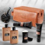 YARD HOUSE Luxury Mens Bath and Body Gift Set Basket For Him - Smoky Sandalwood - All Natural Skin Care Kit For Men w. Full Size Body Wash, Facial Scrub, Body Lotion, Deodorant in Leather Toiletry Bag