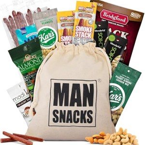 ManSnacks Deluxe Jerky & Nuts Gift Basket for Men - 28 pc - Large Variety of Beef Jerky Sticks, Pepperoni Sticks, Cheese Stick, Almonds, Peanuts & Pistachios, in a Manly Gift Bag