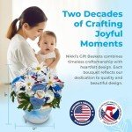 Deluxe Baby Blossom Clothing Bouquet | Newborn Baby Boy Gift Set | Unique Baby Gift Basket for Expecting Moms | New Baby Gift Basket | Blue Baby Gift Set | Baby Boy Outfits | Nikki's Gift Baskets