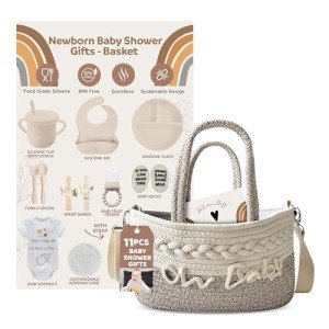 Kiddibodi® Baby Shower Gifts - Newborn Basket - Gender Neutral Baby Gift Set - 11 PCS Silicone Plate, Bib, Spoon, Sippy Cup, Pacifier Feeder, Bodysuit, Wrist Rattles & Rope Storage Bag