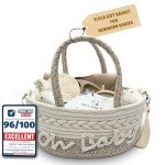 Kiddibodi® Baby Shower Gifts - Newborn Basket - Gender Neutral Baby Gift Set - 11 PCS Silicone Plate, Bib, Spoon, Sippy Cup, Pacifier Feeder, Bodysuit, Wrist Rattles & Rope Storage Bag