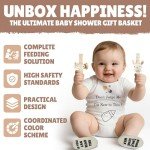 Kiddibodi® Baby Shower Gifts - Newborn Basket - Gender Neutral Baby Gift Set - 11 PCS Silicone Plate, Bib, Spoon, Sippy Cup, Pacifier Feeder, Bodysuit, Wrist Rattles & Rope Storage Bag