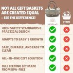 Kiddibodi® Baby Shower Gifts - Newborn Basket - Gender Neutral Baby Gift Set - 11 PCS Silicone Plate, Bib, Spoon, Sippy Cup, Pacifier Feeder, Bodysuit, Wrist Rattles & Rope Storage Bag