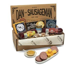 Dan the Sausageman Silver Star Gourmet Meat & Cheese Gift Box – Original & Jalapeno Summer Sausages, Sweet Hot Mustard, Sockeye Salmon, Water Crackers, Almond Roca – 8-Item Holiday Snack Box