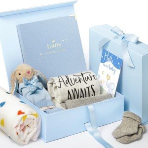 Baby Shower Gifts for Boys - Baby Boy Gift Basket - New Born Baby Boys Gifts - Baby Boy Gift Set Includes Baby Memory Book, Security Blanket and New Born Essential Stuff - Gender Reveal Gifts