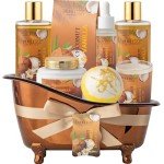 Spa Gift Basket for Women, Coconut & Vanilla Luxury Home Spa Kit, 8pcs Bath Gift Set, Birthday Gift for Women Unique with Bath Bombs, Scented Candle, Body Lotion, Spa Bath Sets for men Gift