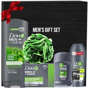 Men+Care Father's Day Gift Set, 5 Piece Set Includes Men Body Wash Extra Fresh, Roll on Deodorant, Dove Extra Fresh Deodorant Stick, Men's Extra Fresh Bar Soap, Men's Loofa, In Gift Box