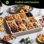 NUT CRAVINGS - Mixed Nuts Gift Basket in Reusable Wooden Tray + Green Ribbon (12 Assortments) Food Arrangement, Healthy Snack Care Package, Kosher