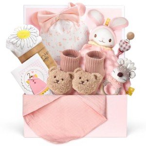 Strawberry Fairy 10 PCS Baby Gift Set for Girls, Newborn Essentials Stuff Baby Girl Gifts, Baby Girl Gift Basket, Gender Reveal Gifts Basket with Rattle Swaddle Blanket