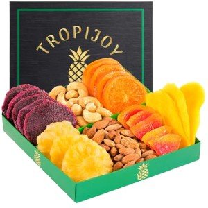 Dried Fruit Snacks Gift Basket – 7 Gourmet Tropical Soft Dry Fruit Basket Gift | 12.5oz Healthy Fresh Nut Tray - Vegan Food Birthday Gifts for Women - Featuring Dried Mango, Pineapple, Papaya & more.