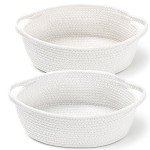 2 Pack Small Woven Basket with Gift Bags and Ribbons, Empty Decorative Gift Chest Box, Cute Baby Gift Basket for Nursery, Cotton Rope Room Shelf Storage Basket with Handles, All 12"x 8"x 5",White