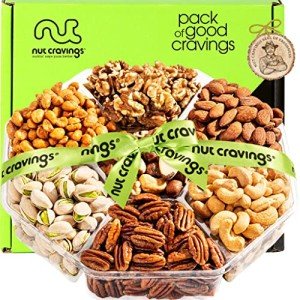 NUT CRAVINGS - Mixed Nuts Gift Basket + Green Ribbon (7 Assortments, 1 LB) Food Arrangement, Healthy Snack Care Package, Kosher