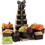 NUT CRAVINGS Gourmet Collection - Happy Birthday Treats, Nuts & Dried Fruits Tower Gift Basket with Bday Ribbon (12 Assortments) Food Arrangement, Healthy Snack Care Package, Kosher