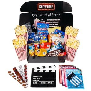 Movie Night Gift Basket – 33-Piece Gift Box with Popcorn, Candy, Snacks & Bingo – Birthdays, Date Night, Family, Kids, Adults, Mom, Dad, Teens, Christmas, Mothers Day, Fathers Day, Raffle & Fundraiser