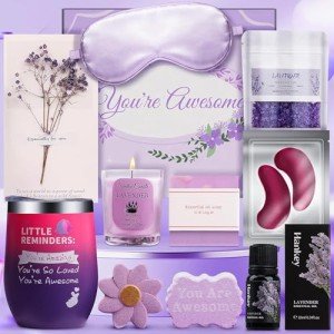 Happy Birthday Gifts for Women Friendship, Get Well Soon Gifts Baskets for Women, Self Care Package, Birthday Basket for Womens, Friends, Coworker Ideas (Lavender)