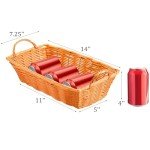 Yesland 6 Pcs Poly Wicker Bread Basket with Handle, 14 Inch Rectangular Imitation Rattan Fruit Storage Baskets - Stackable Empty Gift Basket for Vegetables, Food Serving, Display, Outdoor, Orange