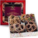 KREMERY Creamy Chocolate Cravings - Chocolate Covered Pretzel Twists Gift Basket, in Brown Gift Box (12 Pretzels, Assorted Sweet Toppings) Birthday Care Package - Kosher Dairy, USA Made
