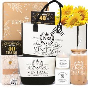 iAOVUEBY 40th Birthday Gifts for Women Her, Cool Gifts for 40 Year Old Woman, Forty Canvas Birthday Tote Bag Glass Cup Candle Gift Basket 40th Ideas Daughter Mom Sister Friend Wife Coworkers