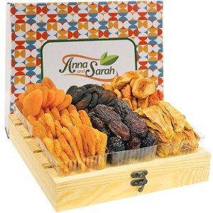Anna and Sarah Gourmet Dried Fruit in Wooden 6 Compartments Gift Box Includes Strip Mango-Fancy Dates-Pear-Peach- Apricot-Dried Apricot Kosher-Halal For Christmas-Holiday for Mom-Dad-Boy-Girl Everyone