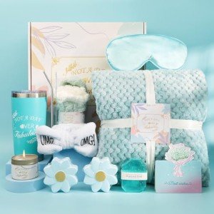 Luxury Spa Gift Basket for Women -Self Care Birthday Gifts Set with Bath Bombs,Bath Salts,Flannel Blanket&Soy Candle Relaxing Gifts for Wife,Mom,Best Friend,Her Perfect For Mother's Day(Blue)