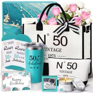 50th Birthday Gifts for Women，Gift Set for Women 1975 Canvas Tote Bag 50th Birthday Gift for Her Unique Gifts Basket for Her Turning 50 Mom Wife Sister Friend