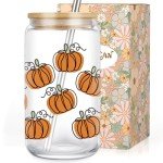 LEADO Fall Pumpkin Cup, Halloween Iced Coffee Tumbler, 16 oz Aesthetic Cute Glass Cups with Lids and Straws, Thanksgiving Tumbler Mug - Fall Gifts, Halloween Boo Basket Gifts for Women, Adults