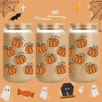 LEADO Fall Pumpkin Cup, Halloween Iced Coffee Tumbler, 16 oz Aesthetic Cute Glass Cups with Lids and Straws, Thanksgiving Tumbler Mug - Fall Gifts, Halloween Boo Basket Gifts for Women, Adults